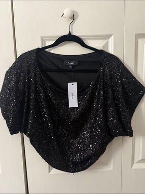 Aakaa Black Sequin Cropped Scoop Neck Top
